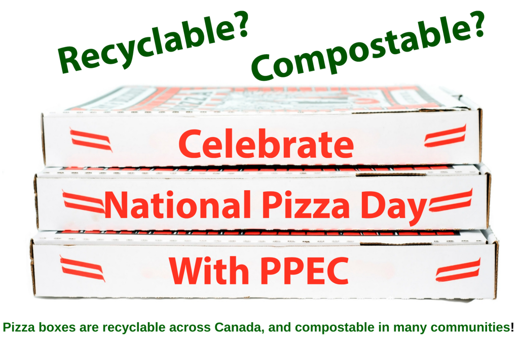 National Pizza Day - three images of Pizza boxes Recyclable and Compostable